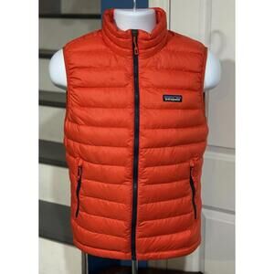 Men's Size Small Patagonia Goose Down Sweater Puffer Full Zip Vest Orange Jacket